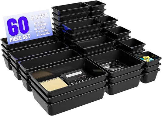 60 Pcs Plastic Drawer Organizer Set,5 Size Small Storage Containers for Organizing Jewelry,Utensil,Junk,Tea,Makeup,Shallow Drawer Organizers Tray Suitable for Office,Desk,Bathroom,Vanity,Kitchen,Black