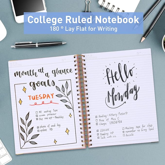 Spiral Notebook, College Ruled Notebook Journal, 8.5” x 11”, 300 Pages Leather Writing Journal for Women Men, A4 Hardcover Notebook for Work School, 24pcs Index Tabs, Pink