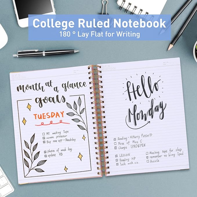 Spiral Notebook, College Ruled Notebook Journal, 7” x 10”, 300 Pages Leather Writing Journal for Women Men, B5 Hardcover Notebook for Work School, 24pcs Index Tabs, Teal