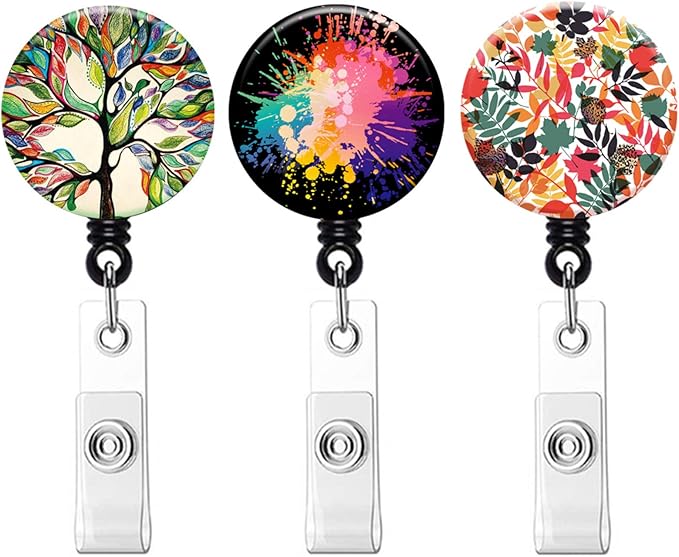 Retractable ID Badge Holder Nurse Badge Reels with Clip Name Card Holders for Office Worker Doctor Nurse (Tree Leaf Burst 3 Pack)