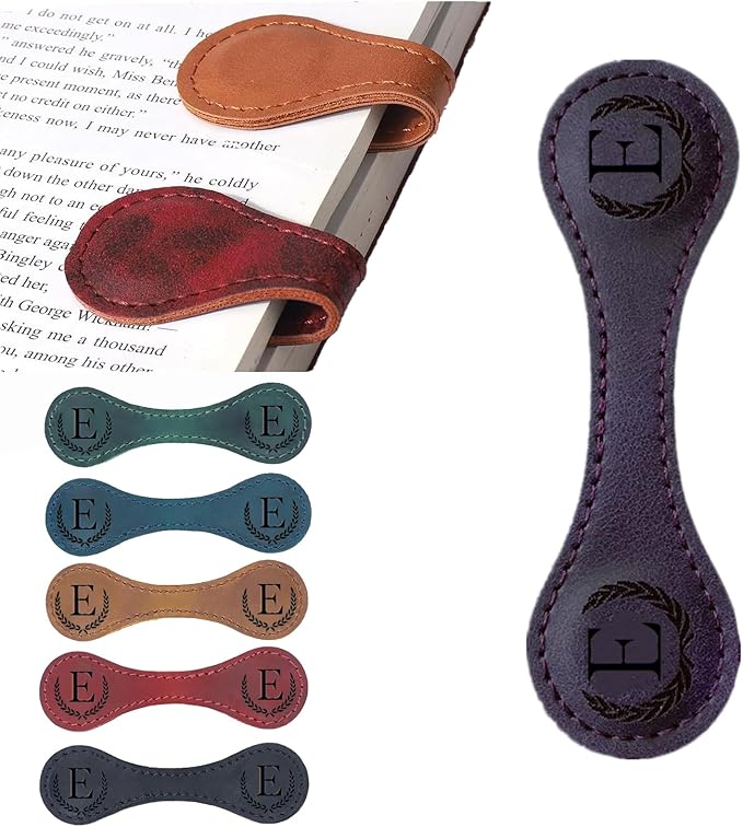 Personalized Magnetic Leather Bookmark, 26 Letters Custom Leather Bookmarks, Handmade, Leather Magnetic Bookmark for Book Lovers Readers Women Kid(Purple，E）