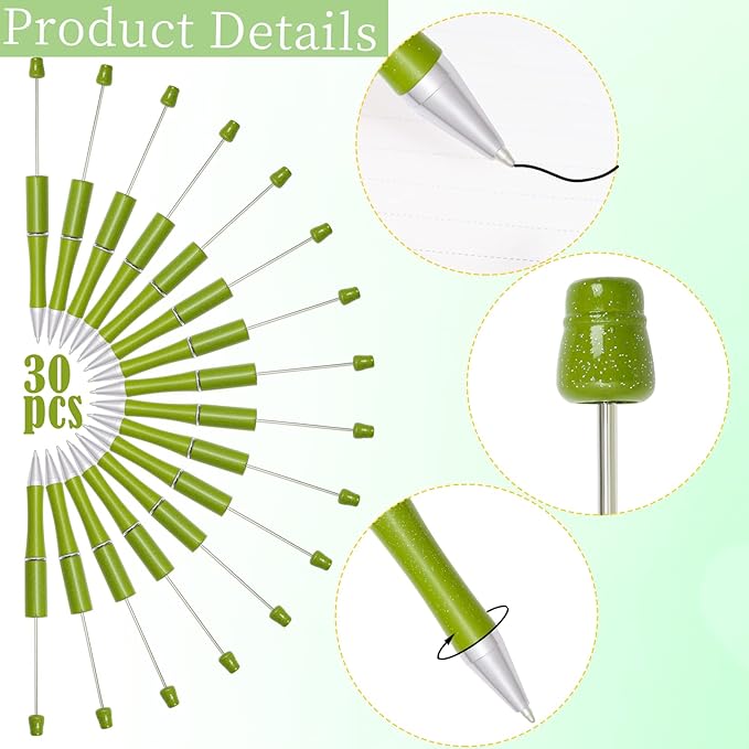 jiebor 30Pcs Green Beadable Pens Plastic Bead Pen Black Ink Ballpoint Pens Diy Pens Cute Cool Pens for Teacher Bridal Graduation Gift Office Supplies