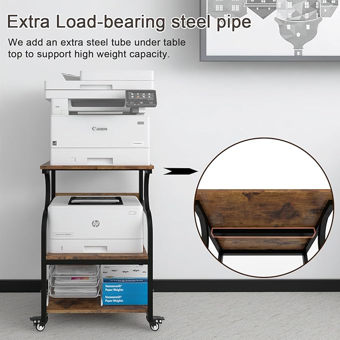 Natwind Large Printer Stand,24''x20''x29''Printer Table with Adjustable Storage Shelf,3 Tier Rolling Printer Cart with Wheels,Home Office Multifunctional Shelves for Heat Press,3D Printer (Retro)