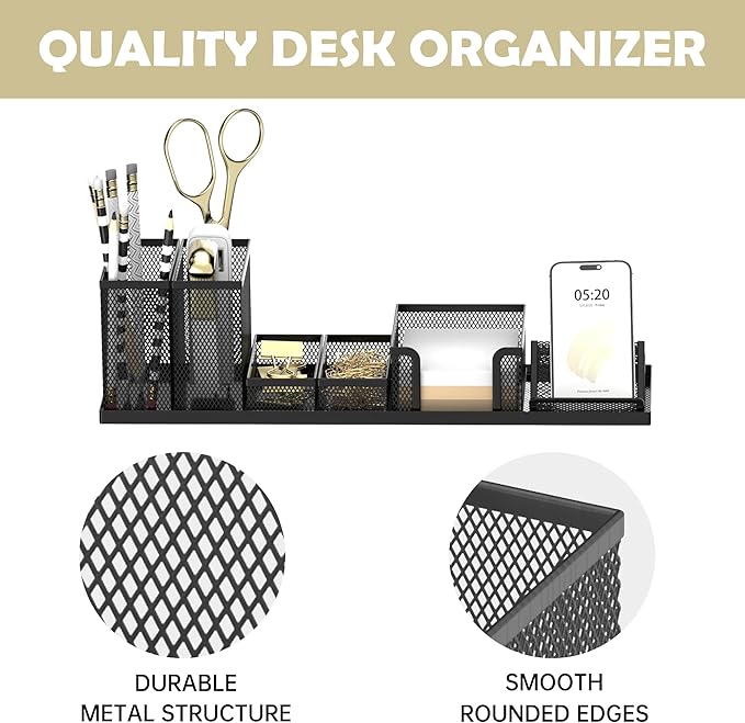 SUPEASY Pen Holder for Desk, 6 Piece Mesh Desk Organizer set, Desk Accessories for Office Organization with Mail Organizer, Letter Phone Holder, Sticky Notes Caddy Storage, Black