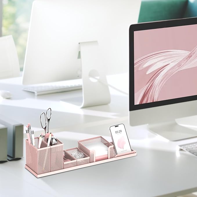 SUPEASY Pen Holder for Desk, 6 Piece Mesh Desk Organizer set, Desk Accessories for Office Organization with Mail Organizer, Letter Phone Holder, Sticky Notes Caddy Storage, Pink