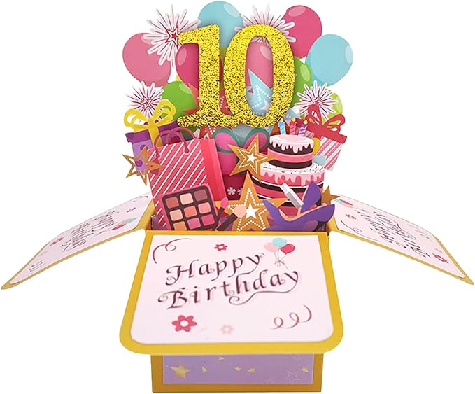 Asmallgf Happy 10th Birthday Popup Card for Daughter Niece, Best Birthday Gift for 10 Years Old Girl Boy, Sweet 10 Birthday Decorations for Him Her