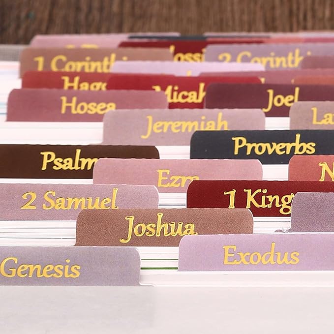 Thinkor Laminated & Repostion Bible Tabs, Gold Foil Large Print Christian Gift for Women and Men, Easy to Read and Apply Bible Journaling Tabs (Gold Earth Tone)