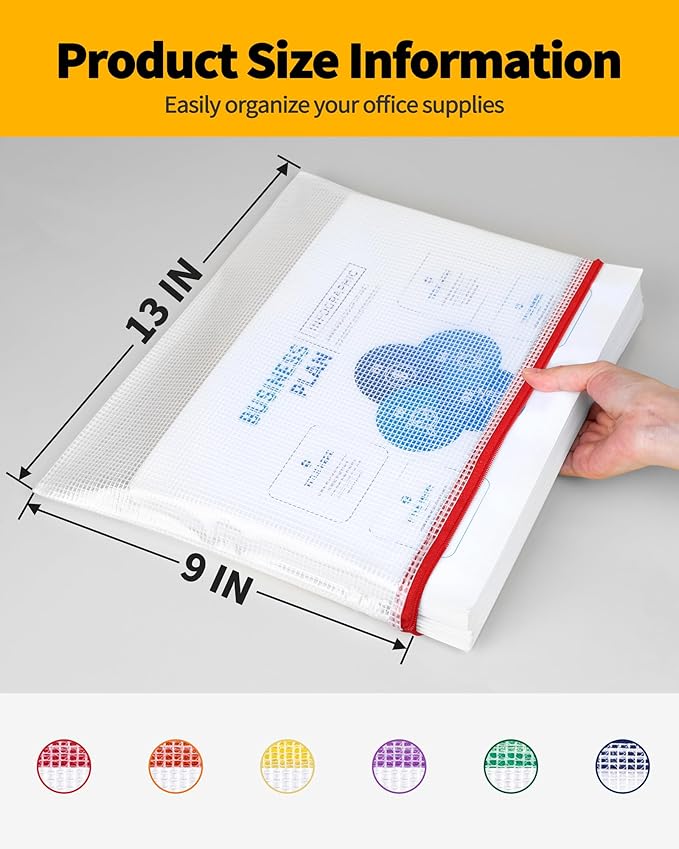 SUNEE Plastic Mesh Zipper Pouch 9x13 in (6 Colors, 12 Packs),Extra Large Water-Resistant Zip Bag for School Office Supplies, Puzzles & Games Organizing Storage