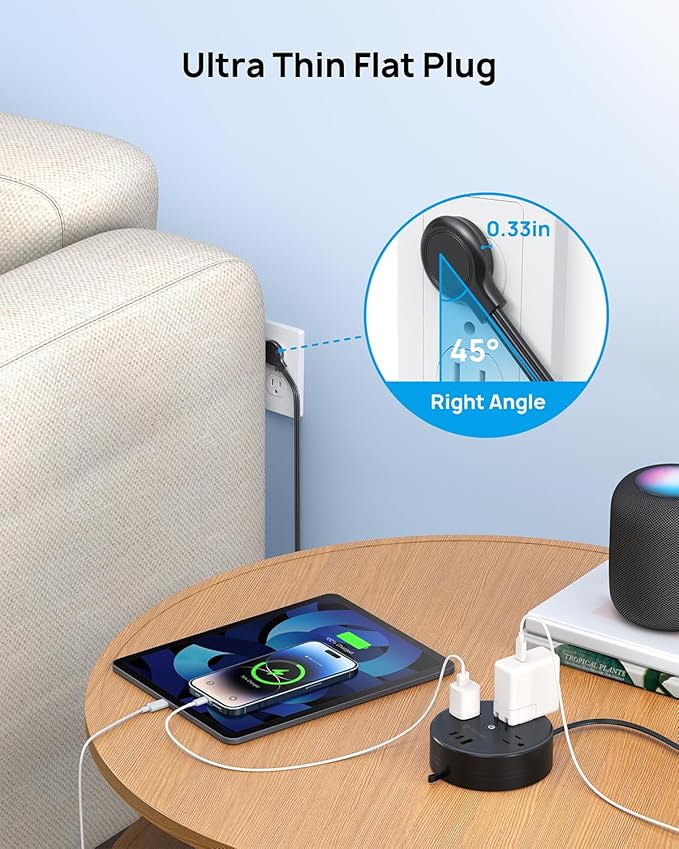 TROND Retractable Extension Cord Power Strip - Travel Power Strip with 3 AC Outlets 3 USB Ports (2 USB C), Ultra Thin Flat Plug 5ft, Cruise Ship Essentials, for Home Hotel Dorm Room, Black