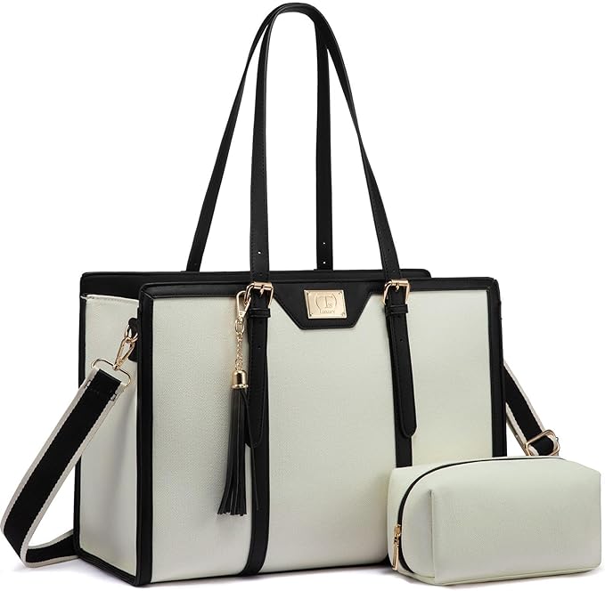 T's Luxury Laptop Tote Bag For Women 15.6 Inch Canvas Bag With Vegan Leather Trim Briefcase Computer Bag With Clutch Purse For Office Business,Travel, Beige and Black.