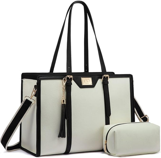 T's Luxury Laptop Tote Bag For Women 15.6 Inch Canvas Bag With Vegan Leather Trim Briefcase Computer Bag With Clutch Purse For Office Business,Travel, Beige and Black.