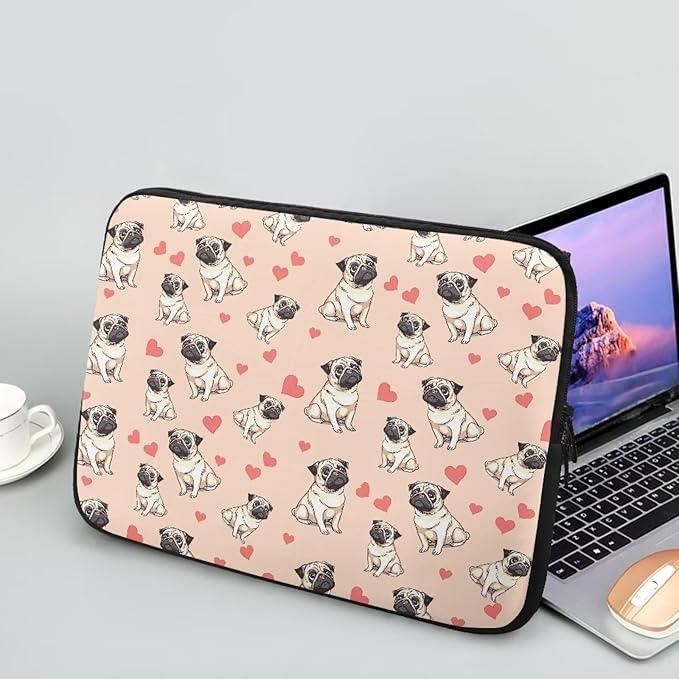 Pug Dog Printed Computer Bags for Laptops for Women, Heart Pattern Computer Carrying Cover Laptop Briefcase, 13 Inch Water Resistant Laptop Case Portable Computer Case Bag