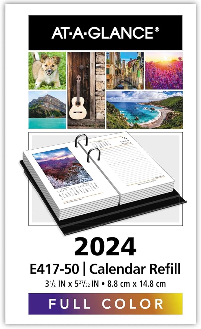 AT-A-GLANCE 2024 Daily Desk Calendar Refill, 3-1/2" x 6", Standard, Loose-Leaf, Photographic (E4175024)