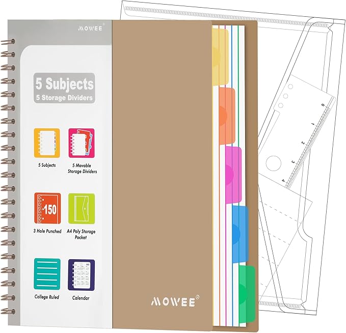5 Subject Notebook - Spiral Notebook, College Ruled Notebook With Dividers Pocket, Tabs, 11" Ruler, 300 Pages, for Writing Journal, Home & Office, School Supplies, 8.5x11'' CoCo Brown150 Sheets