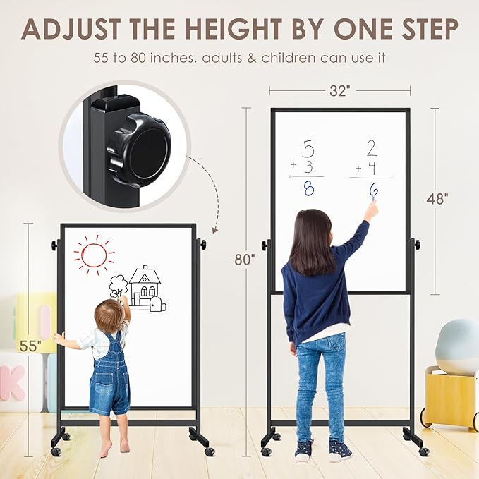 Double Sided Cork Board White Board, 32 x 48 inches Large Cork Board for Office, Height Adjustable Magnetic Dry Erase Board on Wheels, Portable Freestanding Natural Corkboard for Displaying, Planning