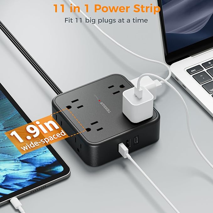 Surge Protector Flat Plug Power Strip, Black Extension Cord, 8 AC Outlets, 3 USB Charger(1 USB C Port) 3 Side Outlet Extender, 5 Ft, 900 Joules Protection, Office Supplies, Dorm Room Essentials