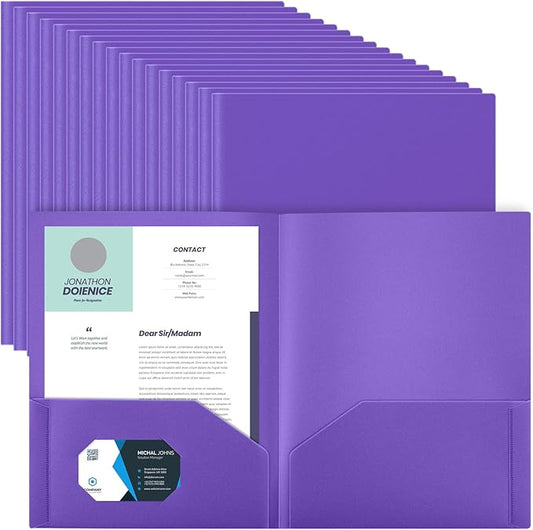 Gueevin 50 Pcs Plastic Folders with Pockets, Two Pocket Folder Fit Letter Size, Heavy Duty School Business Card Holder for Home Office School Bussiness, 11.61 x 9.45 Inches (Purple)