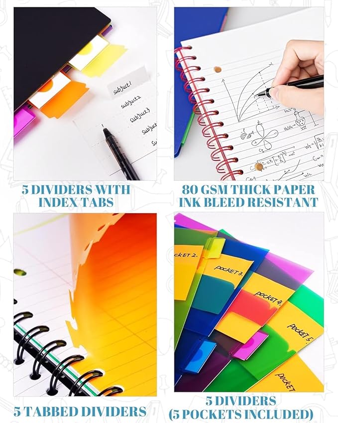 Spiral Notebook - 5 Subject Notebook, College Ruled Notebook With Dividers Pocket, Tabs Label, Ruler, 300 Pages, for Writing Journal, Home & Office, School Supplies, 8.5''x11'' Lime