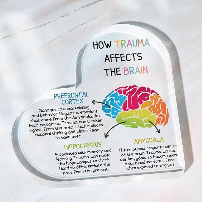 Mental Health Desk Decor, Positive Affirmations How Trauma Affects the Brain Acrylic Heart Gifts Decorations for Social Worker Therapy School Counseling Office Desktop Art Decoration