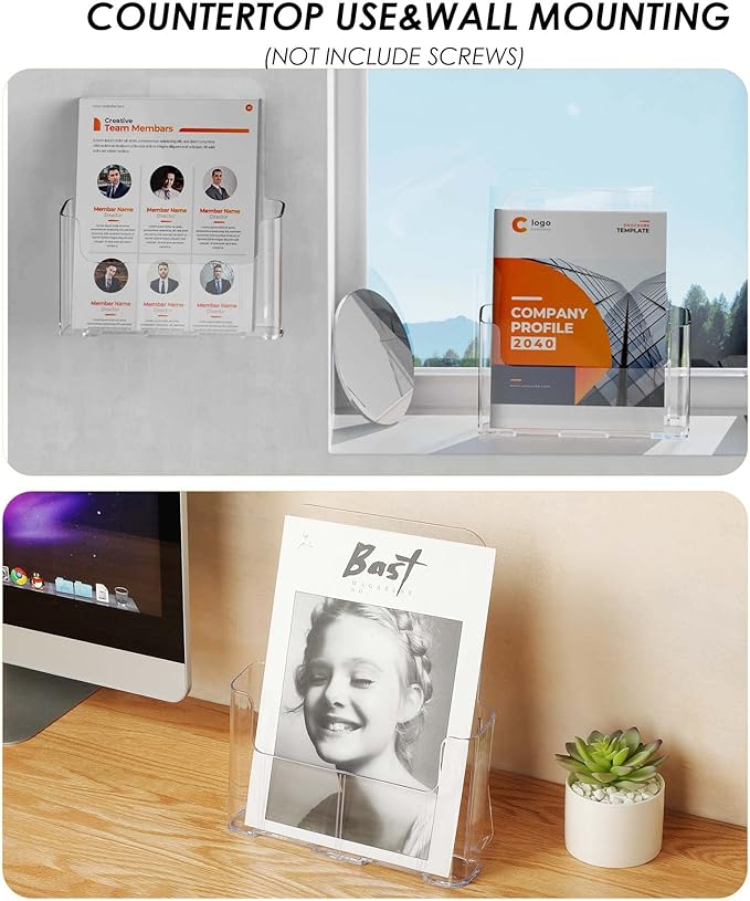 KTRIO Acrylic Brochure Holder 8.5 x 11 inch, Plastic Acrylic Literature Holders Clear Flyer Holder Rack Card Holder, Magazine, Pamphlet, Booklet Display Stand Trifold Holder Desk or Wall Mount 4 Pack