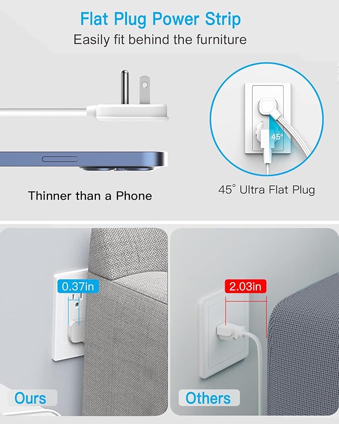 Flat Electrical Outlet Extender with USB C Ports, 4 Outlet 3 USB Wall Plug, 6 ft Thin Extension Cord, Flat Plug Power Strip Surge Protector for Home, Office. White