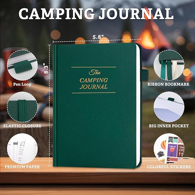 Camping Essentials: Camping Journal and RV Travel Log Book - A5 Adventure Book for Memories, Travel Journal for Men and Women, Family RV Travel Camping Logbook Accessories - Green