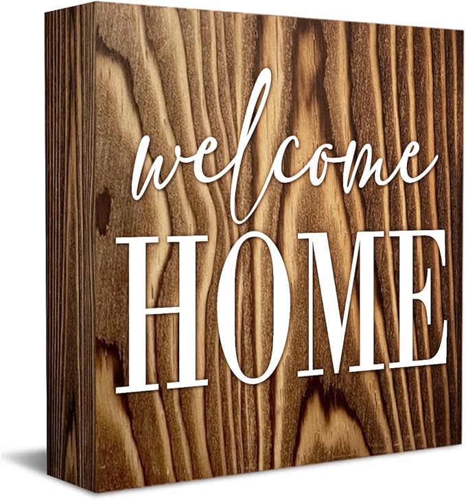Welcome Home Sign Home Decor Desk Decor Wooden Box Sign Rustic Wood Block Plaque Box Sign for Women Family Friends Farmhouse Living Room Kitchen Bedroom Shelf Table Decoration Roasted Color