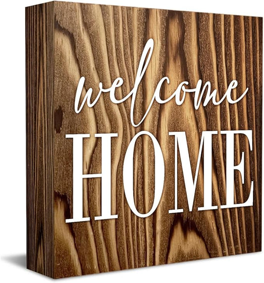 Welcome Home Sign Home Decor Desk Decor Wooden Box Sign Rustic Wood Block Plaque Box Sign for Women Family Friends Farmhouse Living Room Kitchen Bedroom Shelf Table Decoration Roasted Color