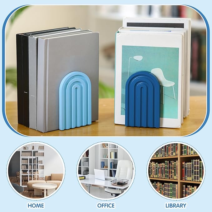 Harloon 4 Pieces Boho Arch Wood Bookends Rainbow Arch Back to School Gift Ideas Non Skid Bookend Decorative Wooden Book Stand Book Stoppers for Books Movies CDs (Denim Blue Color)