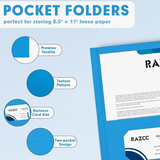 Two Pocket Folders, RAZCC 50 Pack 2 Pocket Folders Fit Letter Size Paper, Paper Folders with Pockets for School Office Business Home, Blue