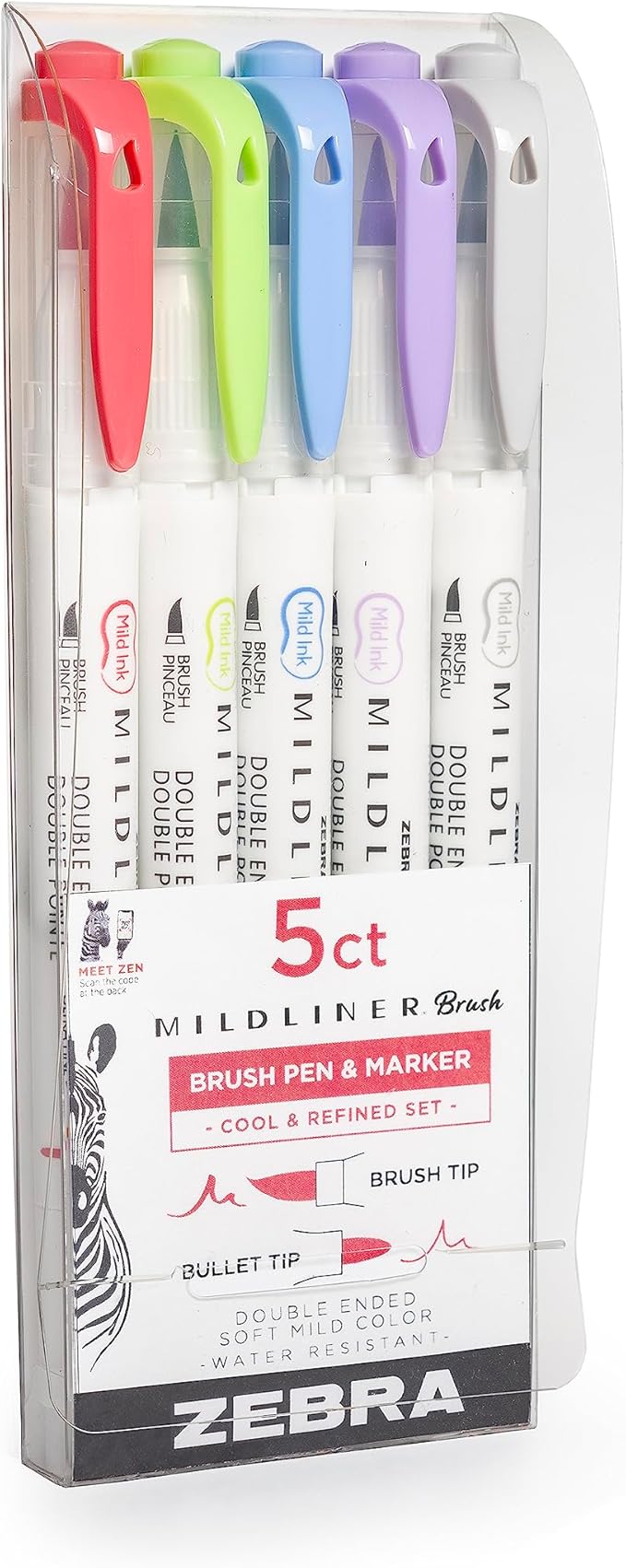 Zebra Pen Mildliner Brush Marker, Double Ended Brush and Fine Tip Pen, Assorted Cool and Refined Colors, 5 Pack