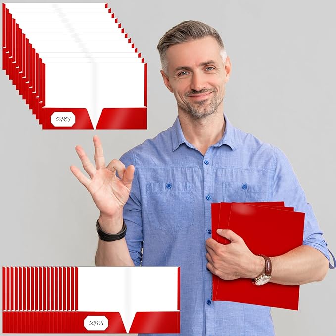 Jutom 50 Pcs 2 Pocket Glossy Paper Folders Glossy Paper Laminated Portfolios, Letter Size, Presentation Folders with Pockets for Office Teacher Worker Supplies(Red Color)