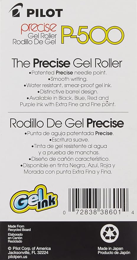 Pilot, Precise P-500 Gel Ink Rolling Ball Stick Pens, Marbled Barrel, Extra Fine Point 0.5 mm, Blue, Pack of 12