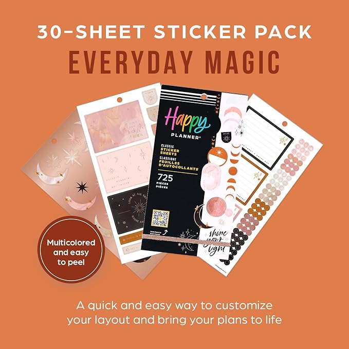 Happy Planner Sticker Pack for Calendars, Journals, and Planners, Easy-Peel Stickers and Scrapbook Accessories, Classic Size, Everyday Magic, 30 Sheets, 725 Total Stickers