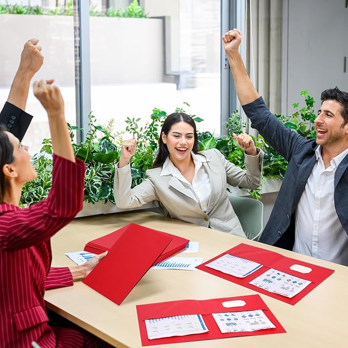 Harloon 75 Pack Two Pocket Portfolio Folders Bulk, 8.5 x 11 Inches Textured Paper with Business Card Slot Letter Size File Folders for Office School Classroom (Red)