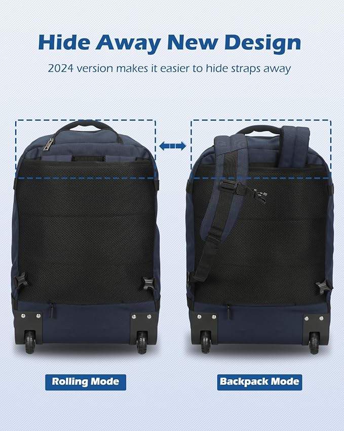 Hynes Eagle Rolling Backpack 42L Backpack with Wheels Airline Approved Carry on Luggage Laptop Travel Backpack for Women Men Navy Blue