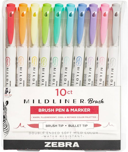 Zebra Pen Mildliner Brush Marker, Double Ended Brush and Fine Tip Pen, Assorted Soft Colors, 10 Pack