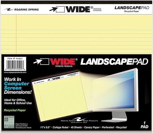 Roaring Spring Wide Landscape Format Writing Pad, Unpunched With Standard Back, Medium/college Rule, 40 Canary-Yellow 11 X 9.5 Sheets