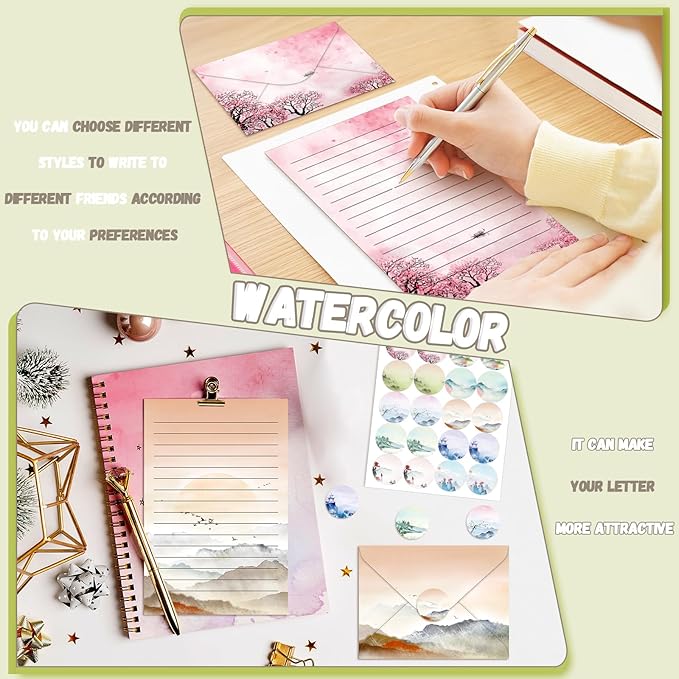 TaoBary 160 Packs Stationery Paper Set (50 Double Sided Stationery Writing Papers 50 Matching Envelopes) 60 Round Dot Sticker, 10 Design(Ink Painting,8.5 x 11 Inch)