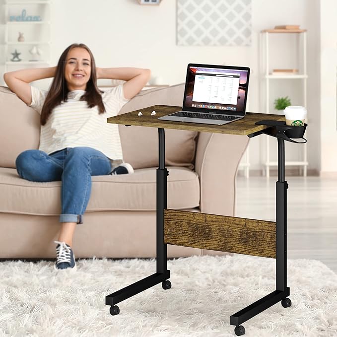 Klvied Mobile Standing Desk, Rolling Desk with Cup Holder, Portable Laptop CouchTable, Small Computer Desk, Bedside Table, Mobile Laptop Stand, Work Desk for Home Office, Walnut