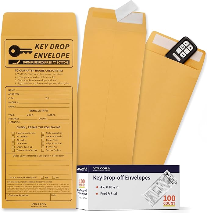 Volcora 100 Pack Key Drop Off Envelopes for After Hours, Night Drop Key Envelopes for Auto Shop Repair, Self Adhesive Envelope for Service Drop Box Overnight, Early Bird, Bussines 4 1/2 x 10 3/10 in