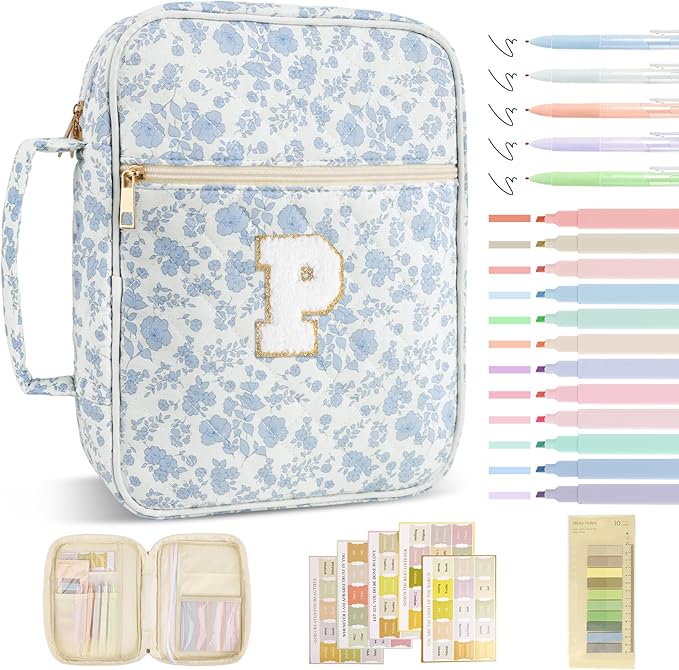 Personalized Initial Bible Cover Case for Women Girls Kid - Large Quilted Bible Case with Handle, Stylish Chenille Letter Bag Study Supplies, Perfect Christmas Gifts for Christians (Blue Flower-P)