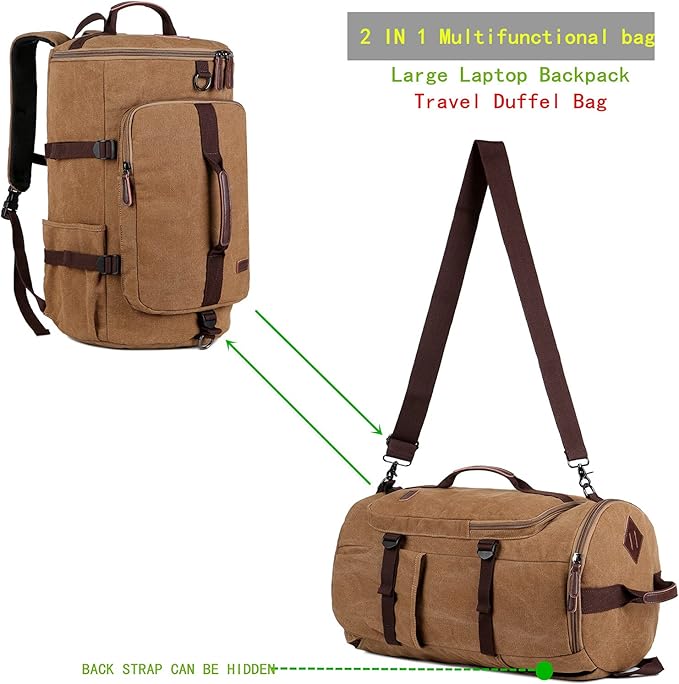 BAOSHA Canvas Weekender Travel Duffel Backpack Hybrid Hiking Rucksack Laptop Backpack for Outdoor Sports Gym HB-26(Coffee)