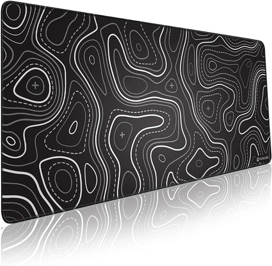 Minimalist Topographic Map Mouse Pad - Contour Extended Large Stitch Edge Mousepad. Black & White Non-Slip XXL Gaming Desk Mat