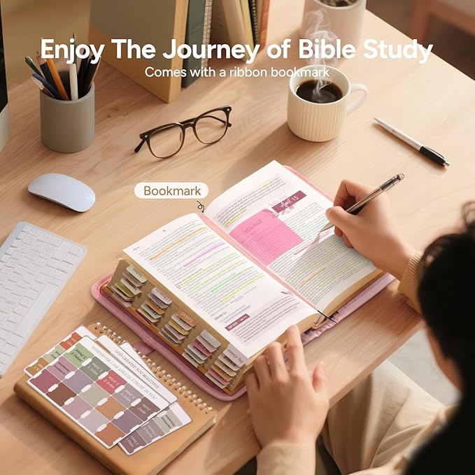 Adjustable Bible Cover with 75 Bible Tabs - Bible Cover Case for Women，Waterproof, Washable Quilted Bible Case，Reusable Christian Gifts for Women (Pink, S)