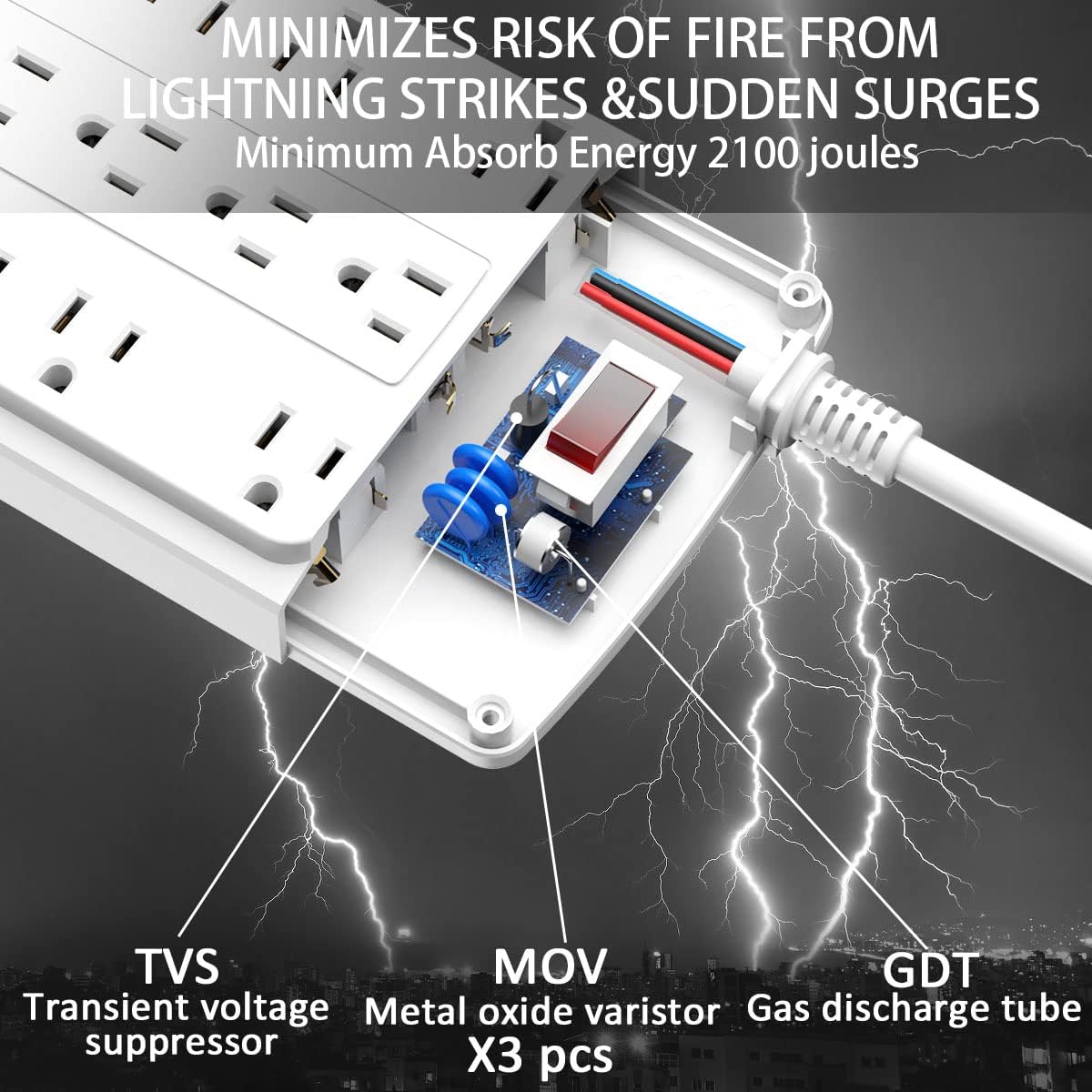 18 Outlets Surge Protector Power Strip - 6 Feet Flat Plug Heavy Duty Extension Cord with 18 Widely Outlets and 4 USB Ports, 2100 Joules, White, ETL Listed