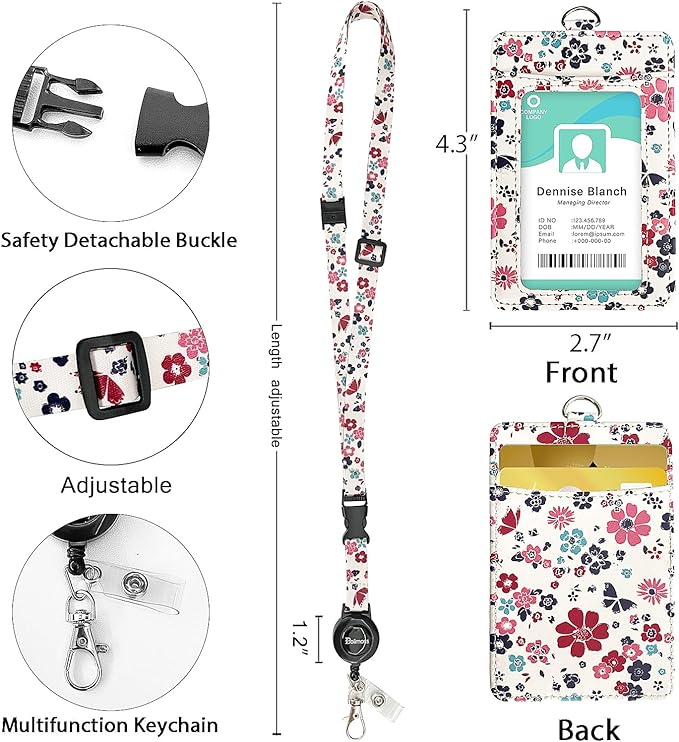 bolimoss ID Badge Holder with Adjustable Lanyard and Retractable Reel, Cute Flower Leather Card Name Tag Lanyard Vertical ID Protector Bage Clips for Nurse Doctor Teacher Student