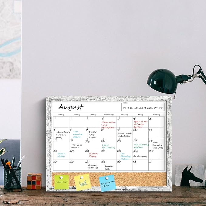 Dry Erase Calendar for Wall, 17"x13" Whiteboard Calendar Cork Board Combo, Magnetic White Board Monthly Calendar with Wood Framed, Hanging Dry Erase Board for Office Kitchen Home Planner Memo