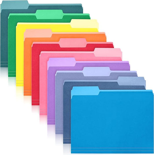 Colored File Folders Letter Size - 100-Pack Bulk, 10 Assorted Color File Folders for Documents, 1/3 Cut Tab - Office Supplies for Filing Cabinet, Desk, and File Folder Organization