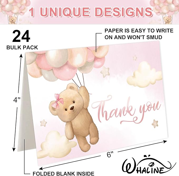 Whaline 24 Packs Bear Thank You Cards Pink Bear Balloon Greeting Cards Cute Cartoon Blank Note Cards with Envelopes and Stickers for Baby Shower Birthday Holiday Party Supplies, 4 x 6 Inch